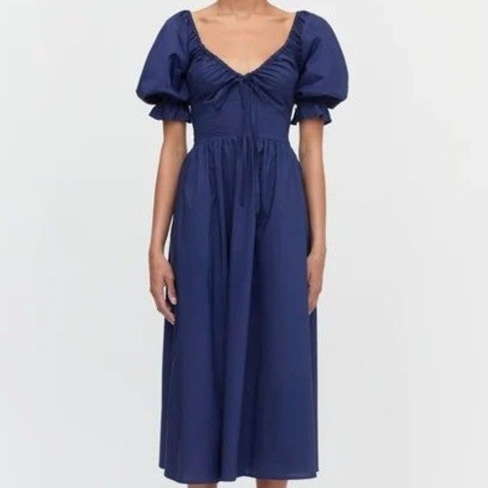 Hill House Home Ophelia Dress Navy Blue Puff Sleeve Smocked Midi Cotton Blend XL